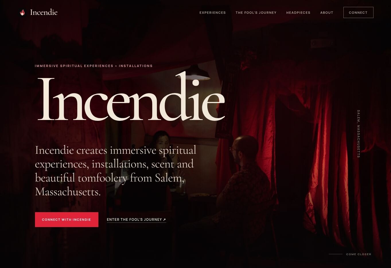 Incendie website with a dark red and black editorial design