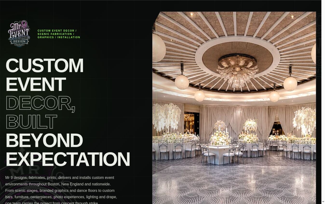 MR9 Event Design website showing custom event decor and production work